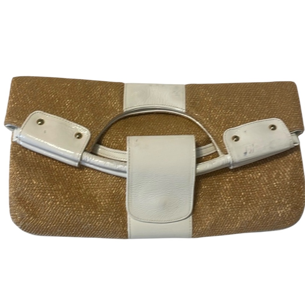 Lorelei Gold Shimmer Metallic Woven Straw White Patent-Leather Clutch Handbag